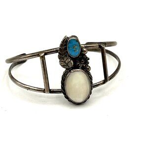 Vintage Native American Sterling Silver Turquoise MOP Cuff Bracelet 6.5"